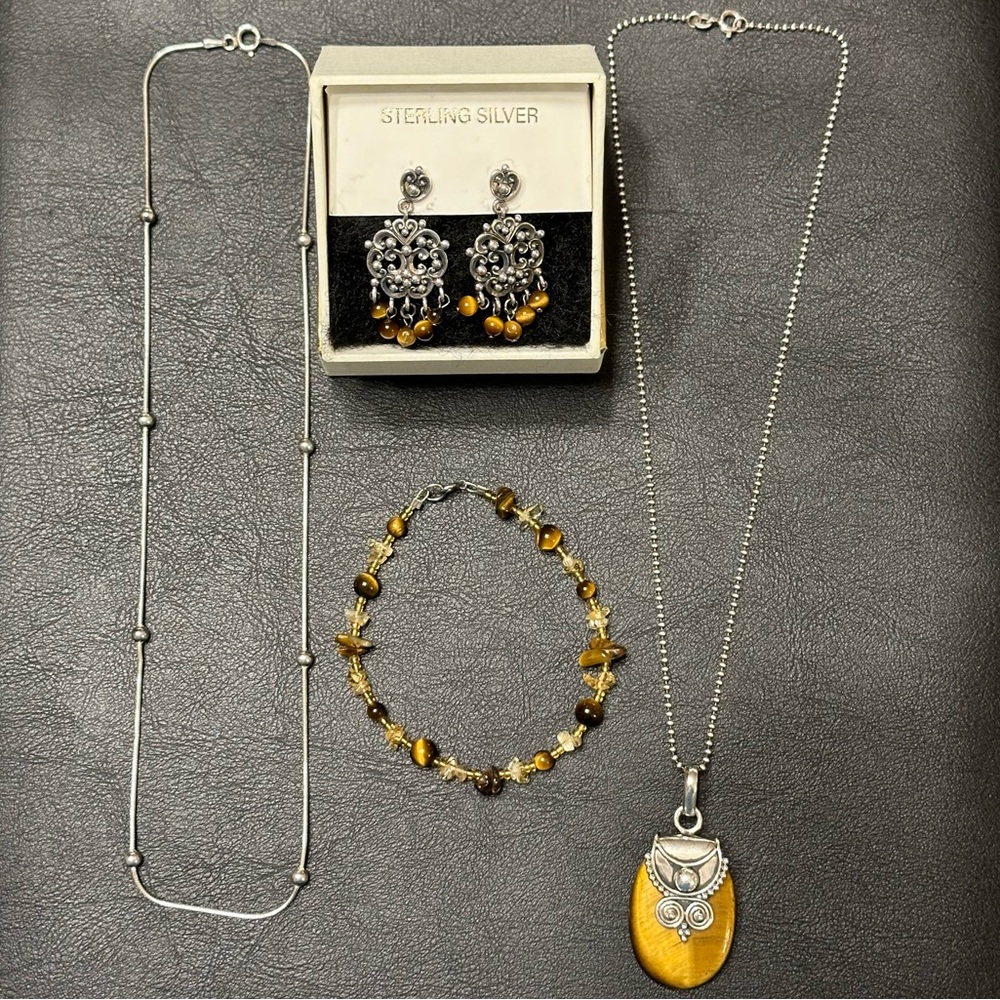 Vintage Sterling Silver Tigers eye earrings, necklace, and beaded bracelet.